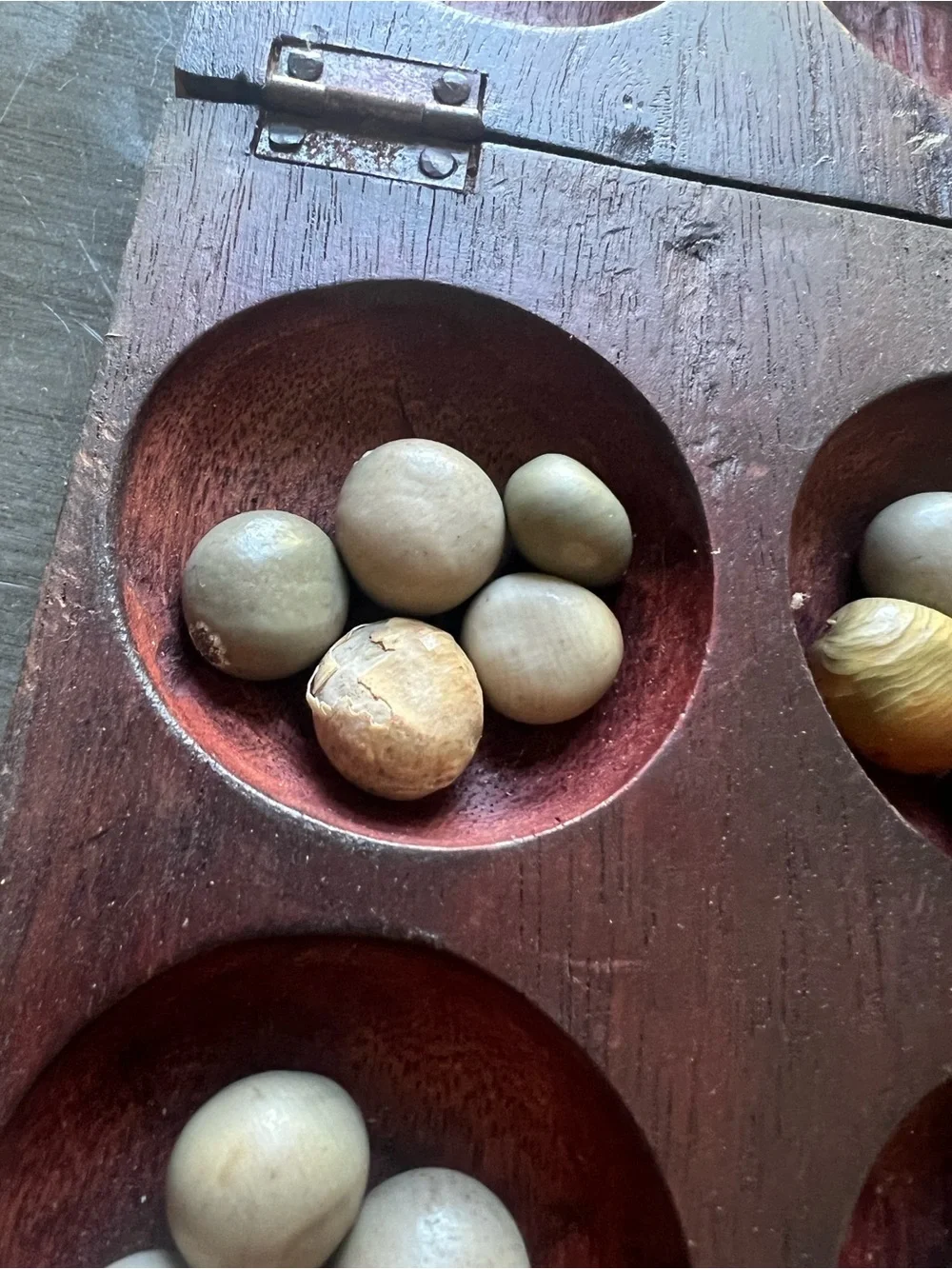 Vintage Hand Carved Wood Oware Mancala Board Game Folding Box W/ Bonduc Seeds